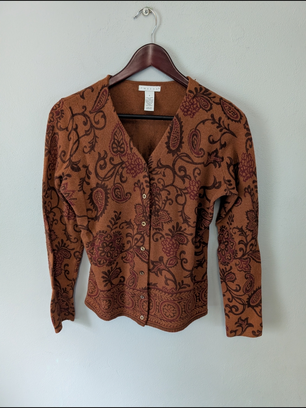 Tweeds Brown Floral Wool Angora Button Down Cardigan Sweater Size Small